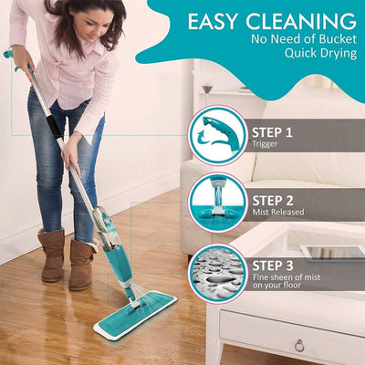 Spray Mop Microfiber Flat Mops Floor Kitchen Bathroom Cleaner Silver Metal Body